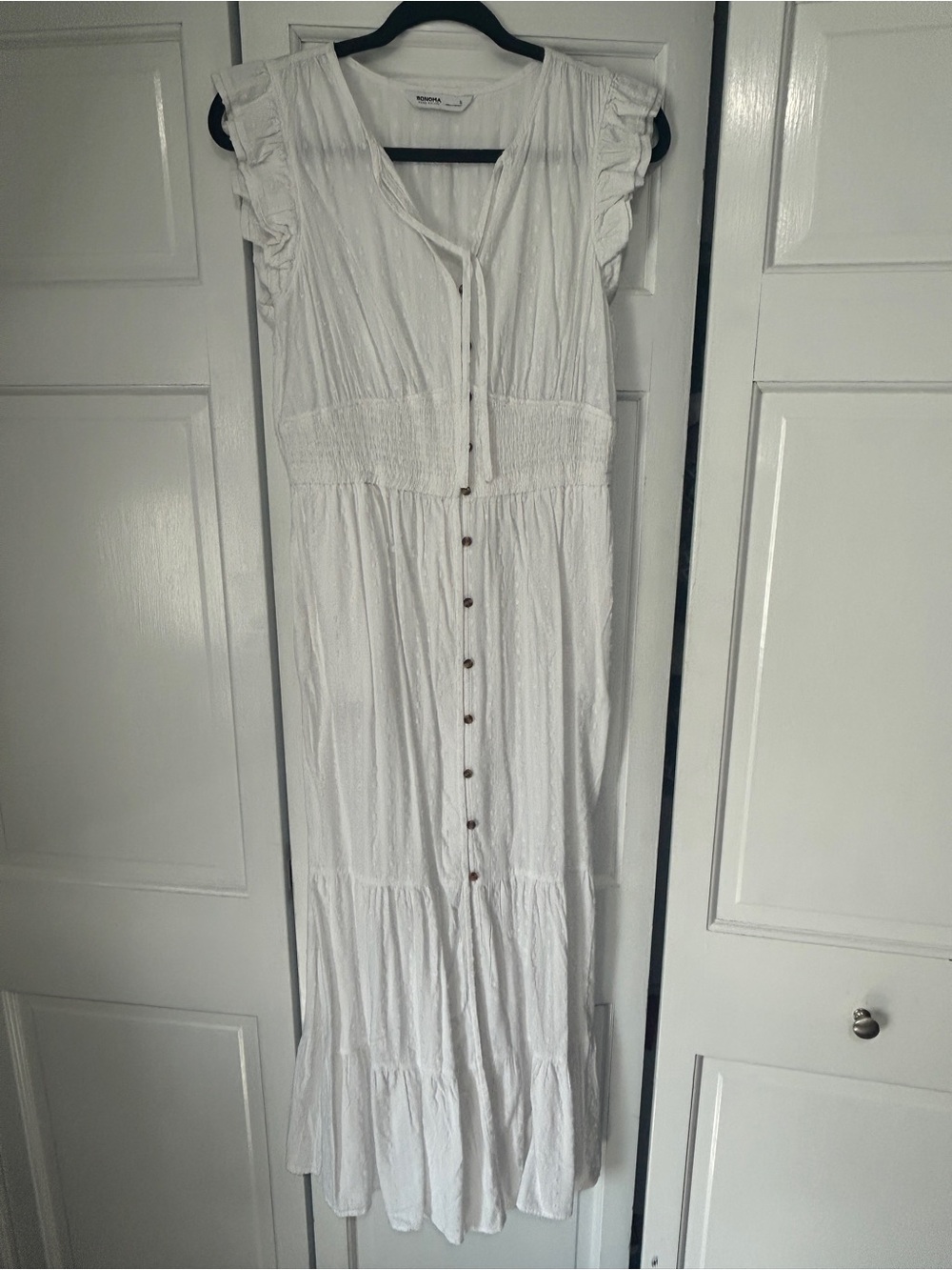 Sonoma White Button-Front Maxi Dress with Ruffle Cap Sleeves